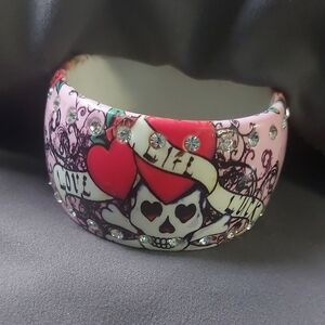 Pink Skull Clear Rhinestone Love Life Luck Plastic Goth Punk Rock Bangle